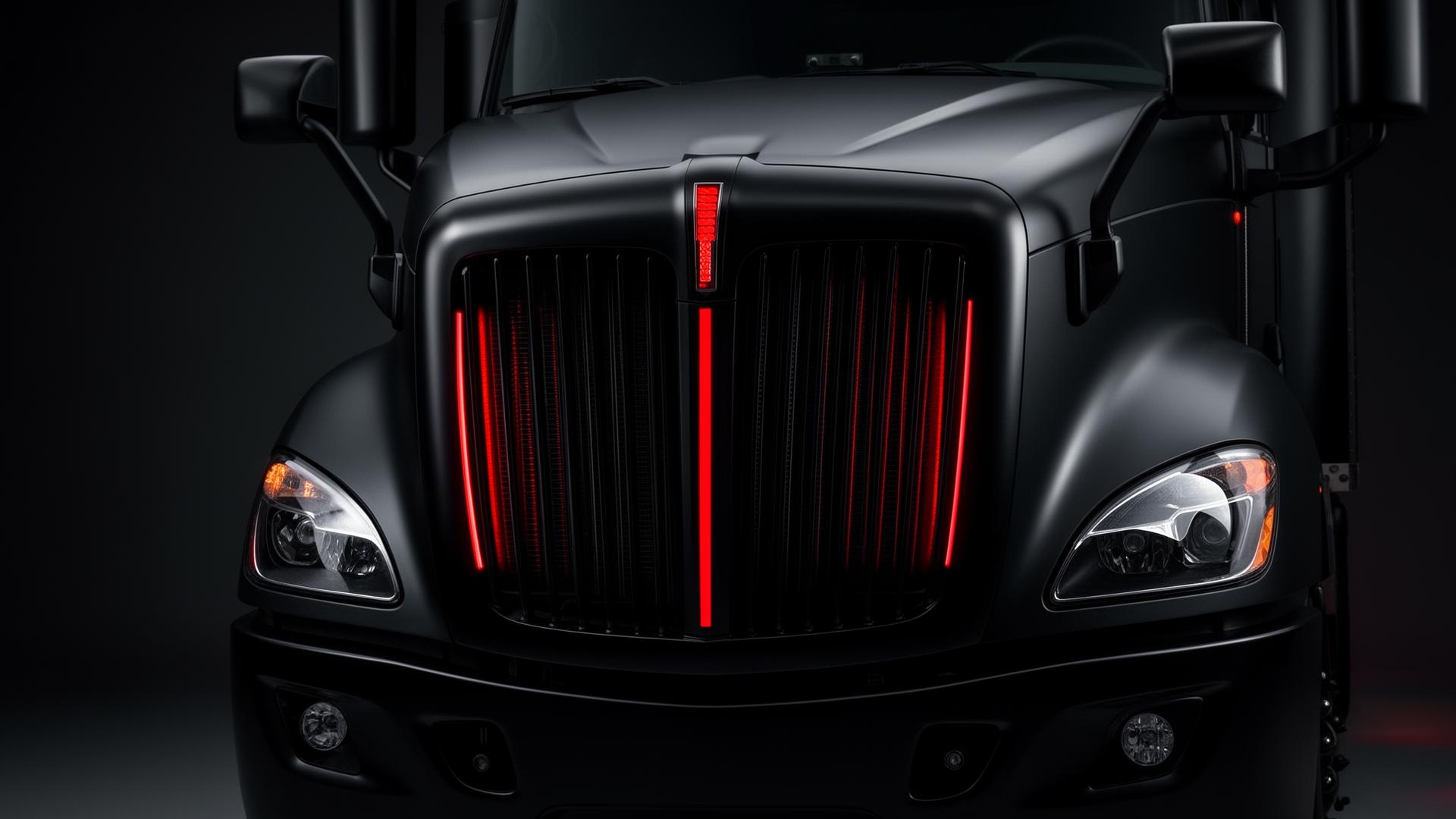 Matte black truck with red accent grille